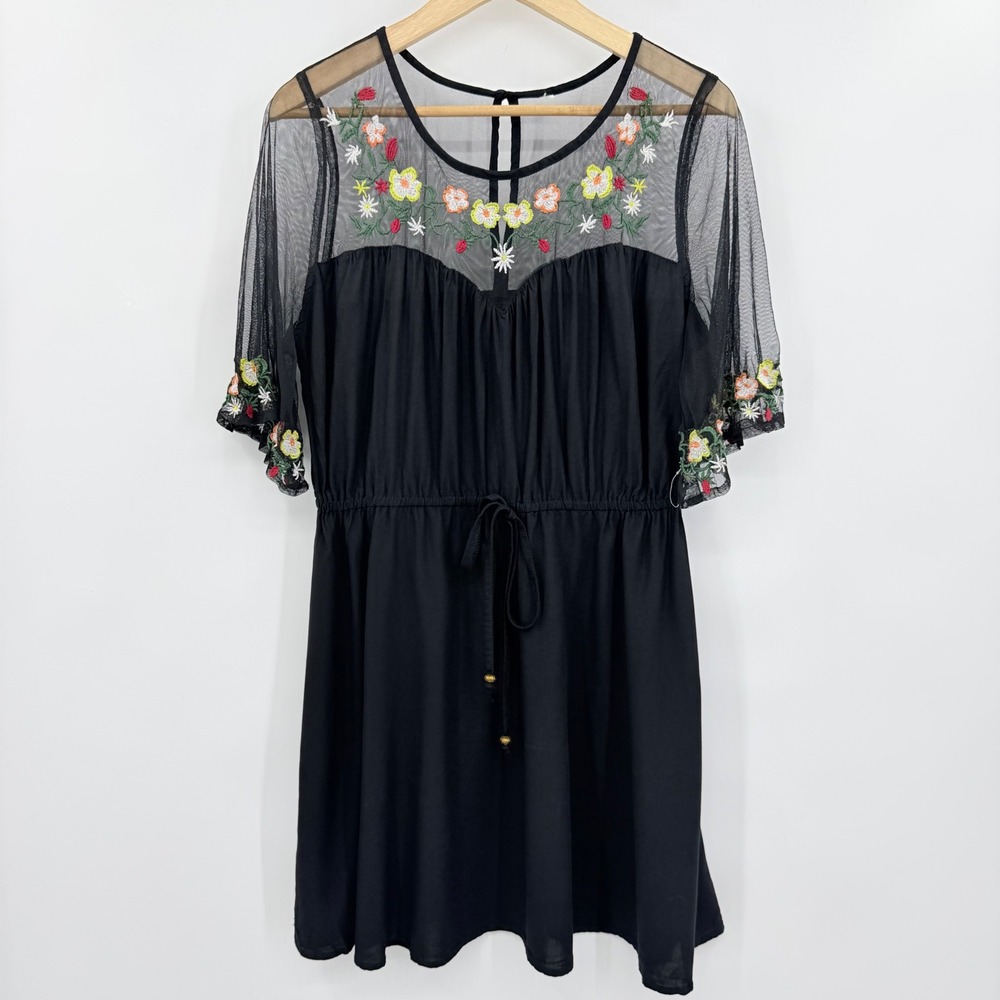 Floral Embroidered Mesh Yoke Mini Dress Black Rayon Boho Short Sleeve M
